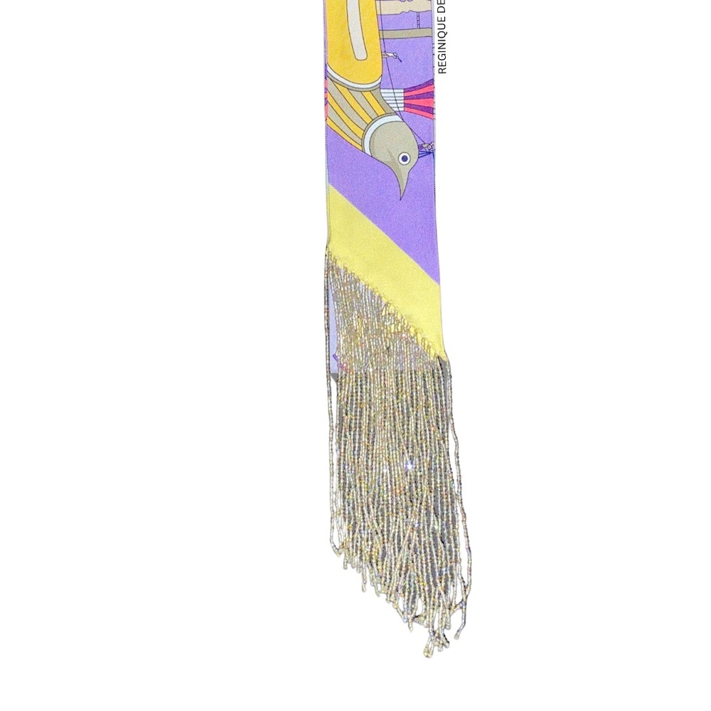 SeraBijoulet™ Handcrafted Silk Skinny Scarf with Beaded Fringe - Picture 3 of 7